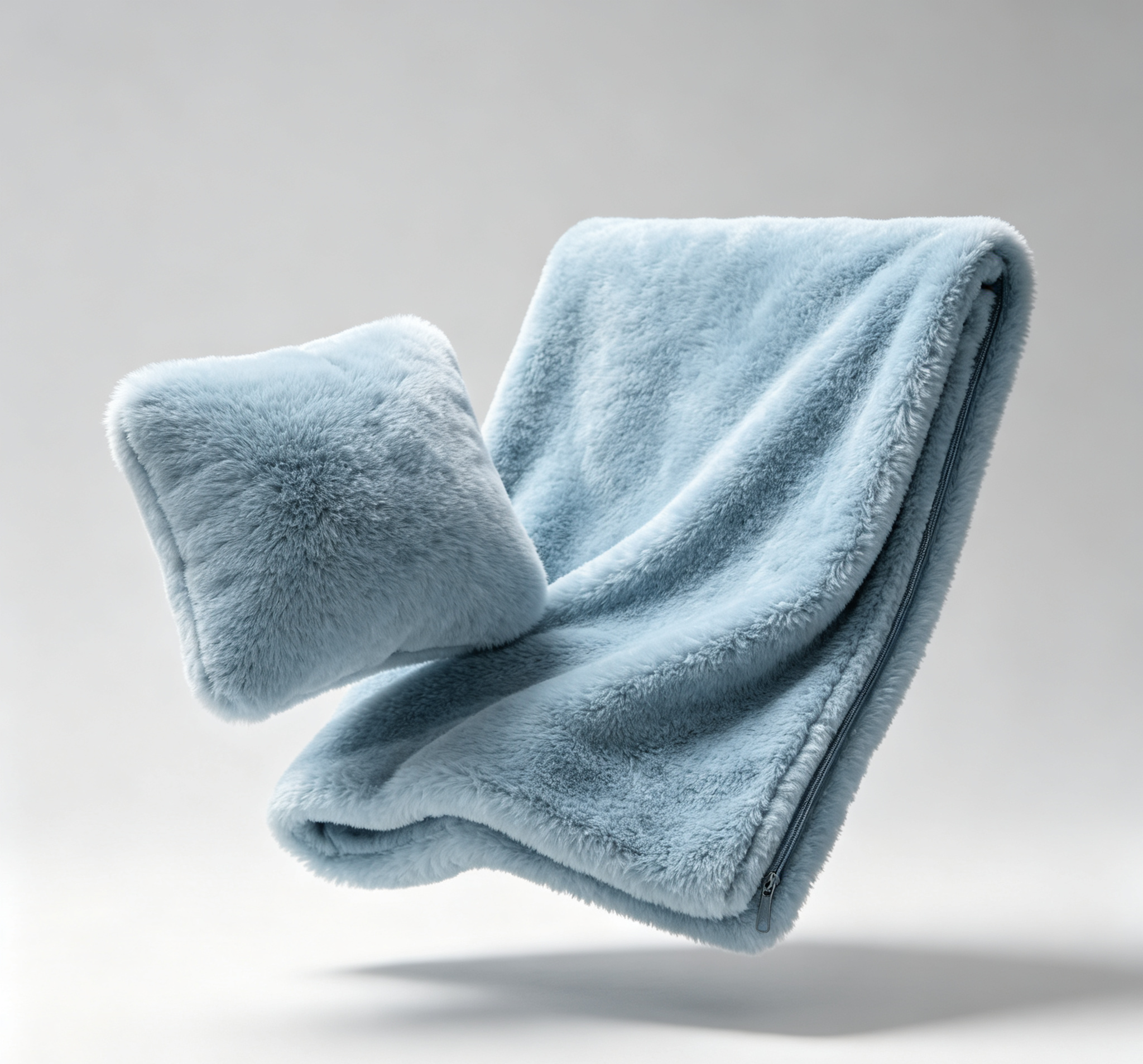 Zipper unzipped to demonstrate convertible design, showing blanket unfolding from the plush pillow