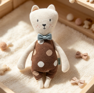 Soft fabric bedtime soothe baby cat doll with polka dot overalls and bow tie, OEM customized infant sleeping companion toy, custom baby plush toys bulk wholesale for global maternal and infant brands