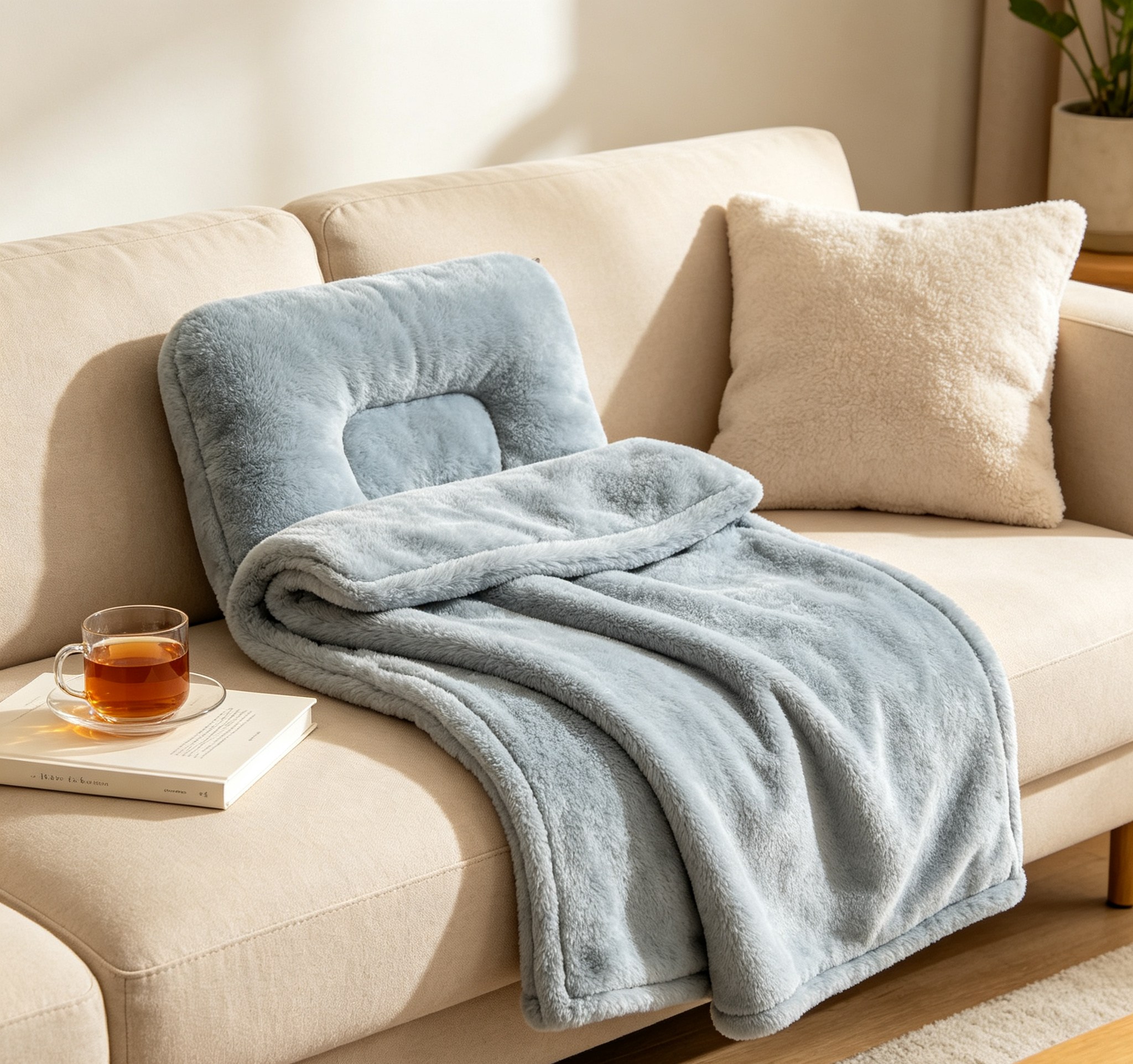 Unfolded pillow blanket used as a cozy throw blanket on living room sofa;Foldable 2-in-1 pillow blanket neatly shaped as a compact pillow on pure white background